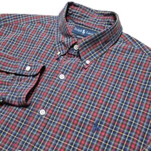 90s VTG Ralph Lauren Red Blue Plaid Button Down Shirt‎ Mens L Custom Fit